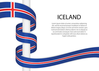 Waving ribbon on pole with flag of Iceland. Template for independence day