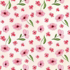 Seamless pattern with watercolor wild small pink flowers on light pink background.