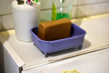 Soap and soap dish in the bathroom