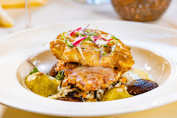 Chicken Francaise with Sauteed Artichokes, Wild Rice and Mushrooms