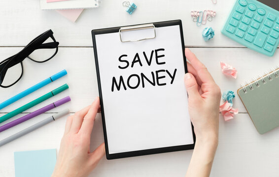Save Money text on a kard. Motivational self development business typography