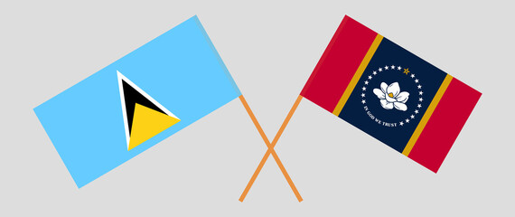 Crossed flags of Saint Lucia and The State of Mississippi. Official colors. Correct proportion