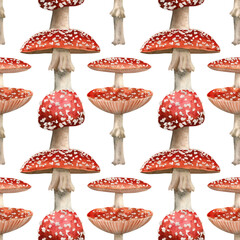 Obraz premium Seamless fly agaric mushrooms pattern. Watercolor background with red amanita poisonous mushroom for fabric