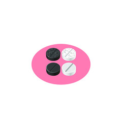Black and white pills on a red circle.