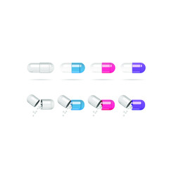 Tablets, capsules of different colors on a white background. Set.