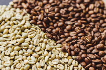 Raw green and roasted coffee beans texture background