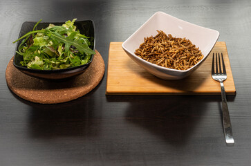 Dish of mealworms and salad, alternative protein source from edible insects
