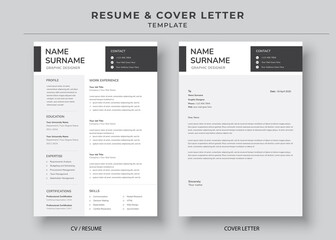 Resume and Cover Letter, Minimalist resume cv template, Cv professional jobs resume - obrazy, fototapety, plakaty