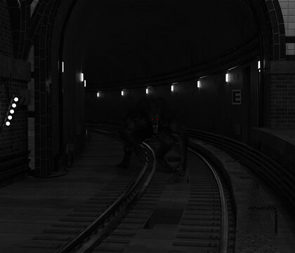 Illustration of a Werewolf or Dogman cryptid in a subway tunnel