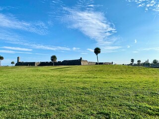 Castillo de San Marcos National Monument in St. Augustine, Florida. Oldest masonry fort in the continental United States. Garrita, belltower, bastion, seen from north west lawn.