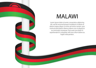 Waving ribbon on pole with flag of Malawi. Template for independence day