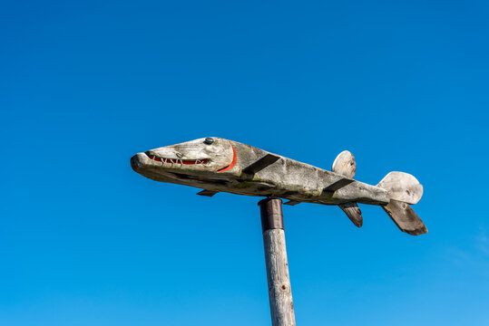 Leeland, Michigan / USA September 08 2018: Large wooden fish decoy sign at Fishtown, Leeland, Michigan, USA.