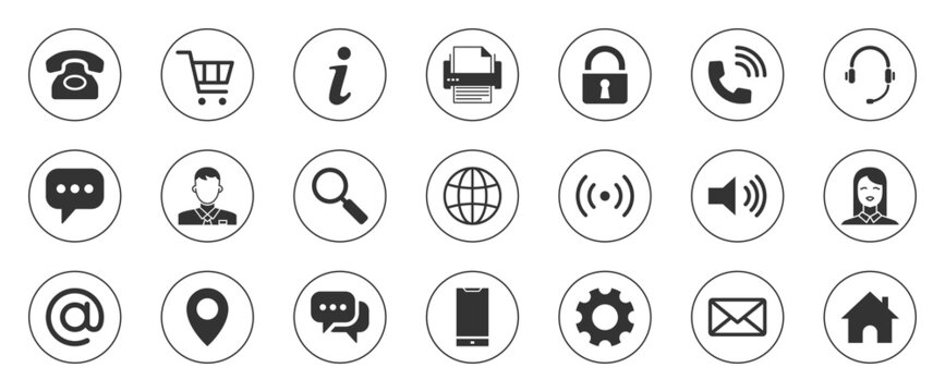 Business Card Icons. Name, Phone, Mobile, Location, Place, Mail, Fax, Web. Contact Us, Information, Communication. Illustration For Web Site Or Mobile App. Editable Filled Related Glyph Icons