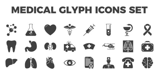 Medical Icons Set. Glyph Related Icons, Sign and Symbols in Flat Design Medicine and Health Care with Elements for Mobile Concepts and Web Apps. Collection Infographic Logo and Pictogram