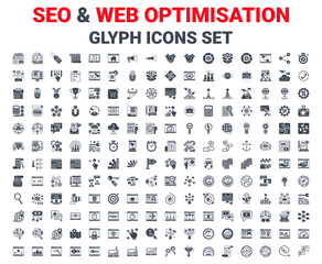 SEO Glyph Icons Set. Glyph Icons Set of Search Engine Optimization, Website and APP Design and Development. Simple Glyph Pictogram Pack. Logo Concept, Web Graphic
