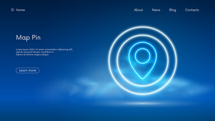 Location pin, GPS navigator geotag locator mark of map, futuristic technology with blue neon glow in the smoke, vector business background