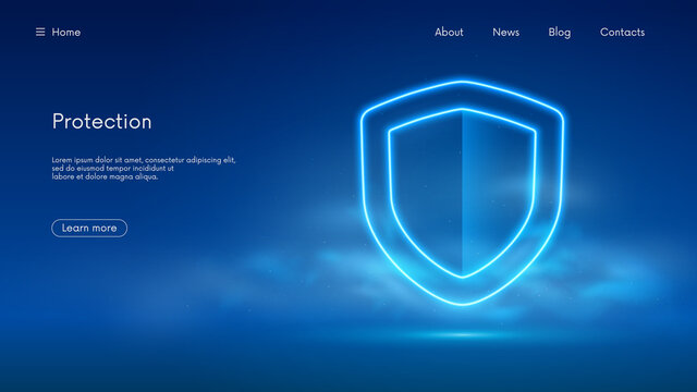 Information data and network protection, cyber system security digital shield, futuristic technology with blue neon glow in the smoke, vector business background