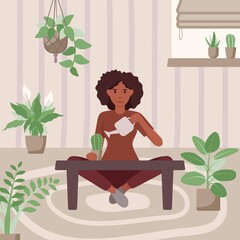 Gardening at home concept with woman watering indoor plants. Urban jungle, urban garden, home garden and cozy home. flat illustration.