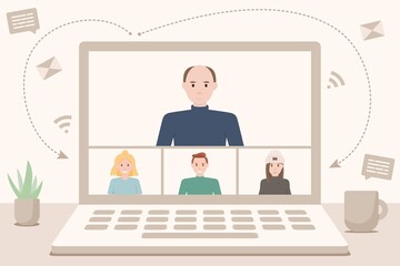 Online students lesson, learning and meeting in distant. Home school, teacher teaching students on computer laptop screen. Video Conference, remote working. Flat illustration.