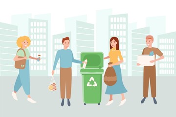 Set of happy men and women sorting and recycling and reuse the garbage. Zero waste concept. Bundle of cute funny people putting rubbish in trash bins, dumpsters or containers. Flat illustration