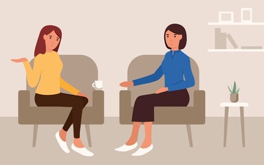 Mental treatment problems psychology concept. Young woman talking with a psychologist. Doctor help pattient. Psychological counseling and therapy. Couch consultation. Vecotor flat illustration.