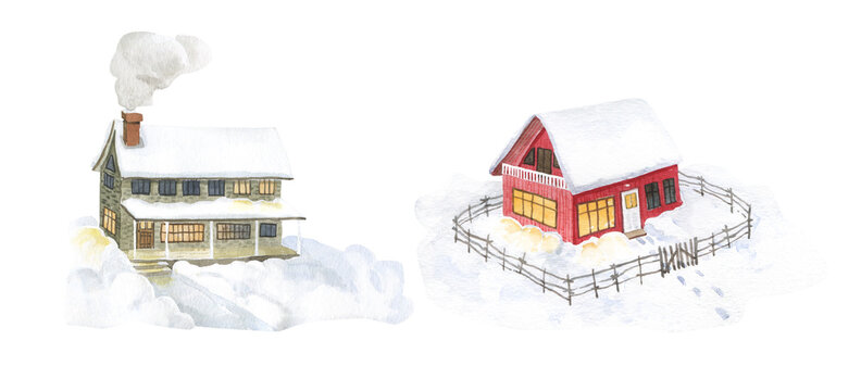 hand-drawn watercolor house clipart. Winter house landscape clipart. Cozy winter landscape with a cottage and a winter forest. New Year's forest. For holiday cards, posters, invitations, scrapbooking
