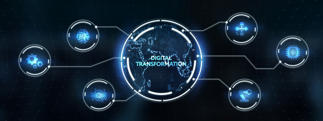 Concept of digitization of business processes and modern technology. Digital transformation.  3d illustration