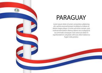 Waving ribbon on pole with flag of Paraguay. Template for independence day