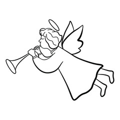 Linear illustration of an angel, black outline.