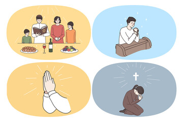 Religion pray and spirituality concept. Set of human hands in pray young judish family praying before dinner young non sitting talking to god and believer in dreams vector illustration 