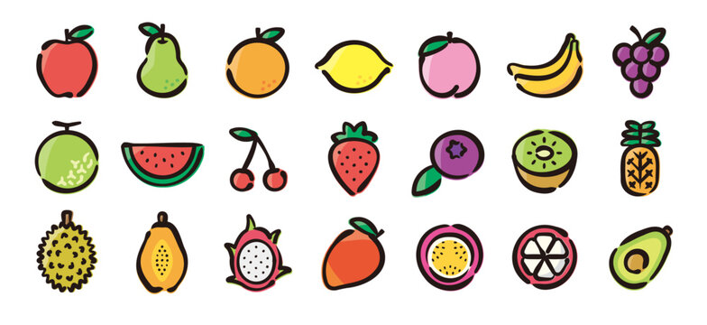 Fruits icon set for graphic (Hand-drawn line, colored version)
