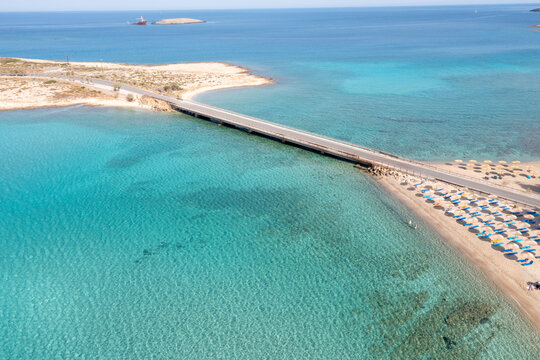 Kythira island, Greece. Aerial view of Diakofti sandy beach and bridge, turquoise blue sea water