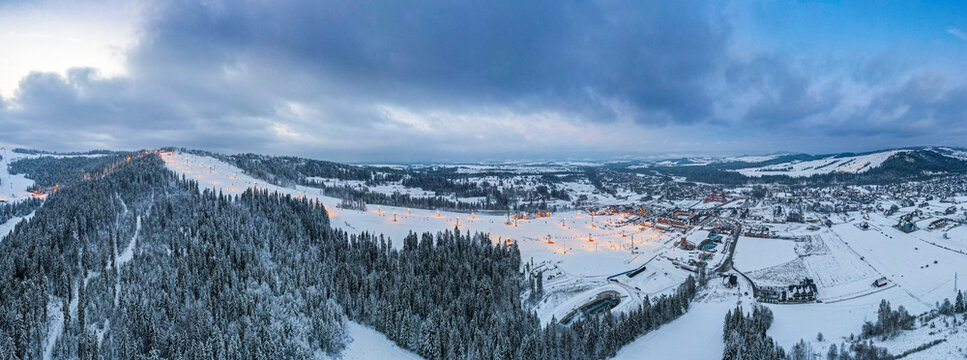 Aerial Panorama of Bania Ski Resort and Ski Slope Kotelnica in Tatras, Poland