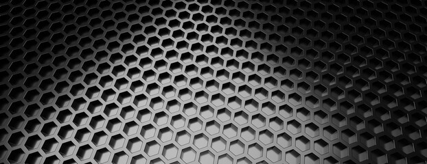 Hexagon pattern, black honeycomb cell background. Geometry and technology. 3d illustration