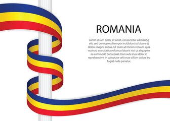 Waving ribbon on pole with flag of Romania. Template for independence day - obrazy, fototapety, plakaty