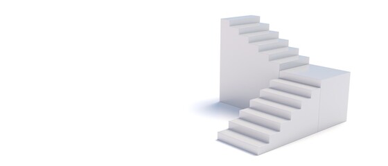 Rising stair with turn isolated on white empty background. Copy space, banner. 3d illustration