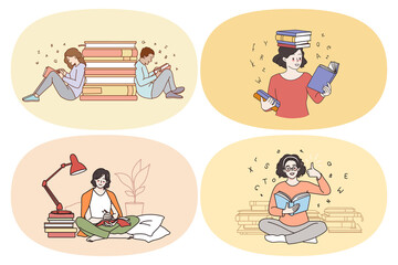 Learning from books and education concept. Set of young smiling people students pupils reading books with interest doing homework getting knowledge vector illustration 