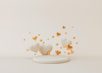 Cream white podium with hearts and golden balls. Valentine's Day, Wedding, Anniversary. Podium for product, cosmetic presentation. Mock up. Pedestal or platform for beauty products. 3D illustration. - obrazy, fototapety, plakaty