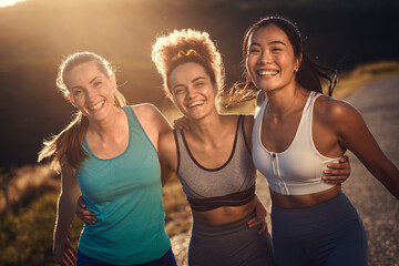 Portrait of three sporty young woman after running outdoors.