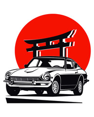 Plakat Classic vintage retro legendary Japanese sports cars with Torii Gate on Japanese flag