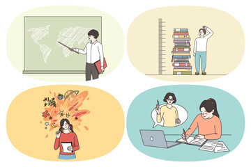 Online and school learning and Education concept. Set of pupils students graduating from university reading books getting knowledge learning online on laptop and in class vector illustration 