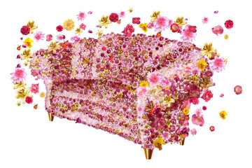 Promotional image of a soft sofa of flowers surrounded by flowers flying,