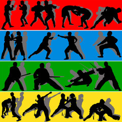 different styles fighters on colors background