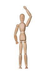 wooden mannequin raised one hand in greeting isolated on white