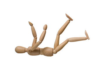 broken wooden dummy fell on his back, isolated on white background
