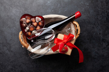 Valentines day basket with wine and chocolate