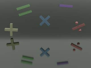 Obraz premium A 3D render of a multiply, divide, add, subtract and equal symbol with a reflective surface