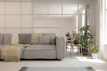 White living room with sofa. Scandinavian interior design. 3D illustration