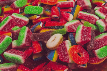 Assorted gummy candies. Top view. Jelly  sweets background.