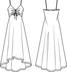 Vector maxi dress technical drawing, woman dress with gathering in front fashion CAD, sketch, template, flat. Jersey or woven fabric special occasion dress with front, back view, white color - obrazy, fototapety, plakaty